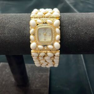 Adrienne White/Gold/Crystal Encrusted Quartz Bracelet Watch